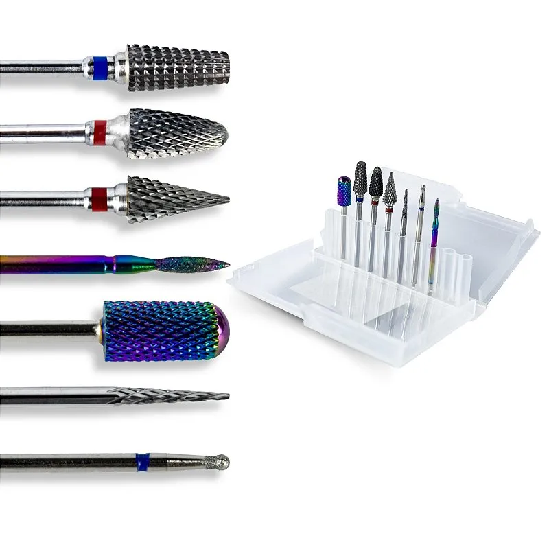 Kit 7 Brocas Tungstênio Diamantada + Caixa Suporte Unhas Gel