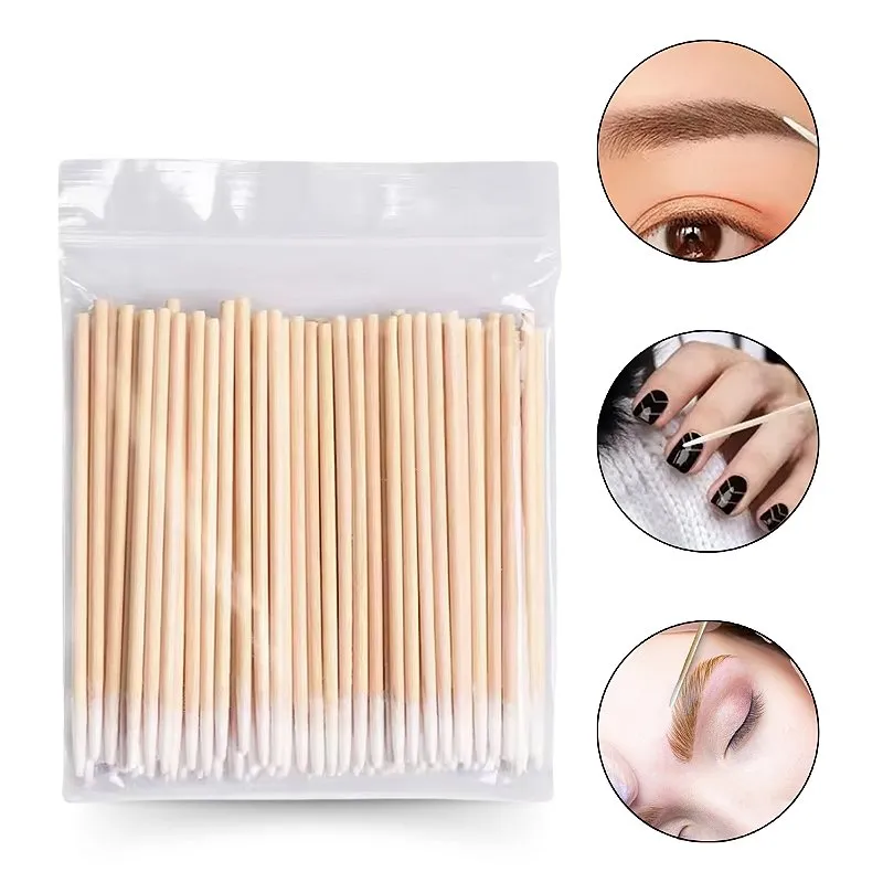 500 Palitos Madeira Ponta Algodão Fina Descartável Manicure Limpeza Esmalte Design Sobrancelha Henna