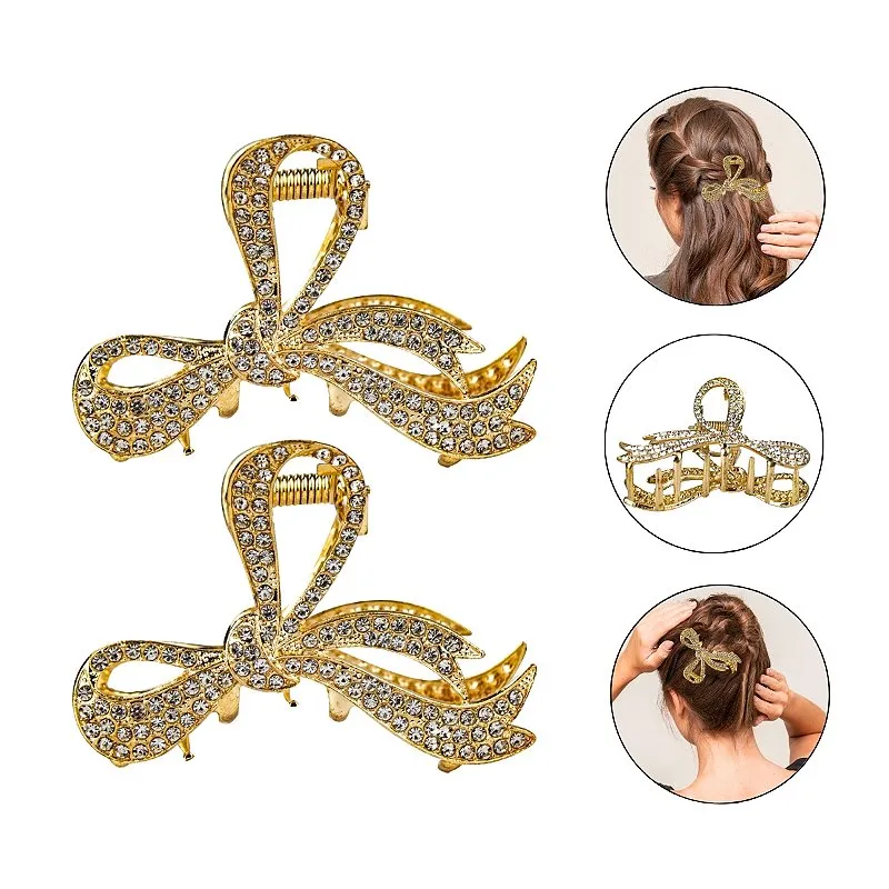 Kit 2 Presilha Laço Dourado Inox Strass Brilho Cabelo Acessório Resistente Penteado Moderno