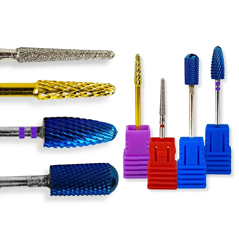 Kit 4 Brocas Tungstênio Para Lixadeira de Unhas Flame M-Blue + Smooth Top M + Umbrella M-Gold + Flame F-720 Alongamento Unhas Gel Fibra Acabamento Manutenção