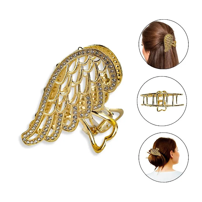 Kit 2 Presilhas de Metal Asa Anjo Coração Dourada Strass Cabelo Penteado Design Atraente Moderno
