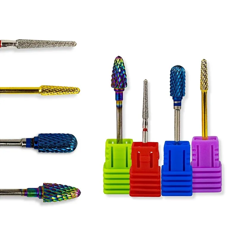 Kit 4 Brocas Tungstênio Umbrella F-Gold, Bullet ST-Colorful, Large Barrel Ball M-BLue, Flame F-720 Lixadeira Elétrica Motor Alongamento Unhas Gel Fibra Manicure Manutenção Porcelana