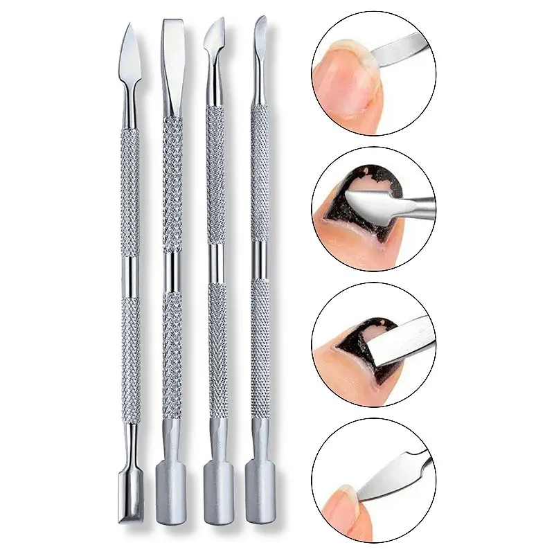 Kit 4 Espátulas Ponta Dupla Aço Inox Prateado Remoção Cutícula Podóloga Unhas Encravadas Manicure Nail Design
