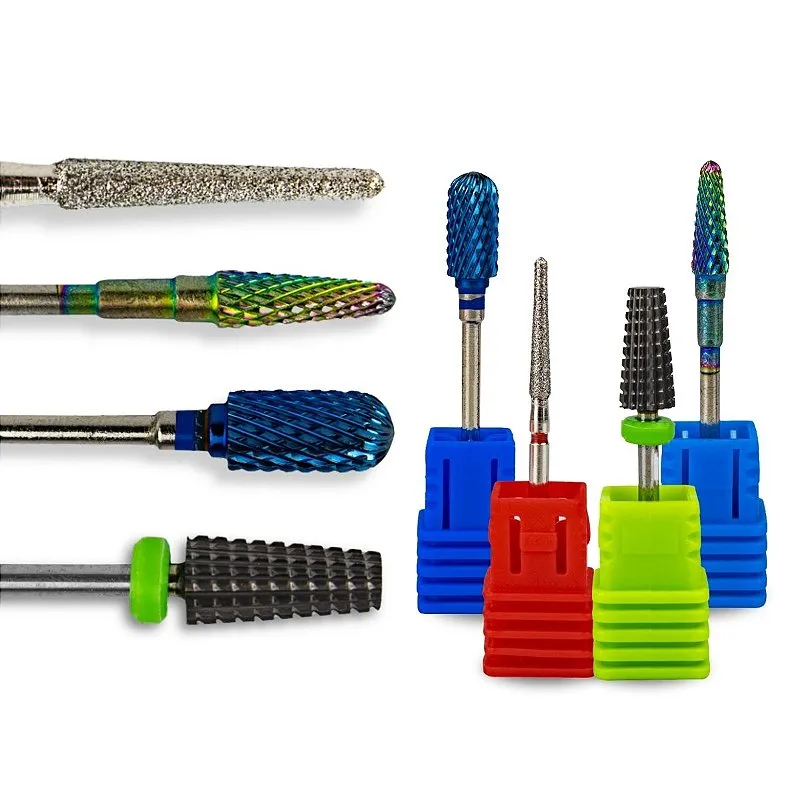Kit 4 Brocas Tungstênio Large Barrel Ball M-Blue + Umbrella C + Flame F-720 + Umbrella M-Colorful Lixadeira Unhas Gel Fibra Alongamento Manicure Polimento Corte Acabamento