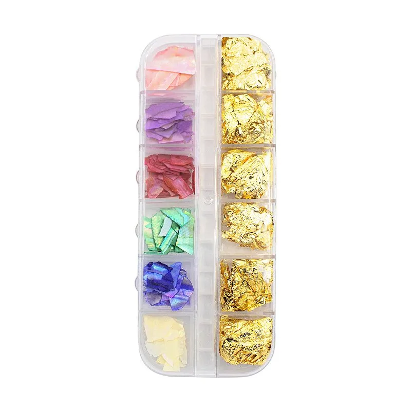 6 Madrepérola Multicolor e 6 Folhas Ouro Encapsulamento Decoração de Unha