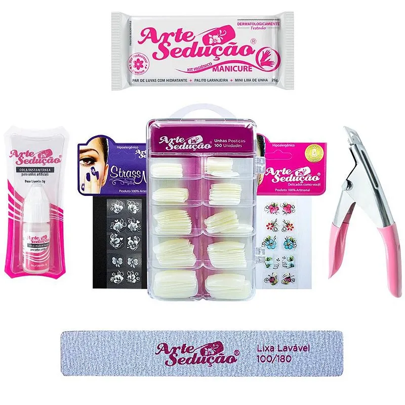 Kit Manicure Unhas Postiças Cola 3g Adesivos Lixa Alicate