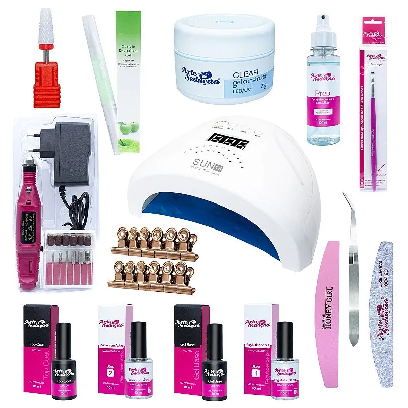 Kit Unhas de Gel Completo Cabine Lixadeira Gel Base Top Coat