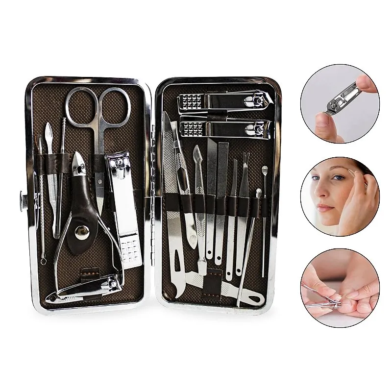 Kit 19 Instrumentos Inox Manicure Pedicure Lixa Cortador Alicate Palito Desencravador Unhas Pinça Palito Tesoura Sobrancelha Espátula Cureta Espinha Estojo com Trava