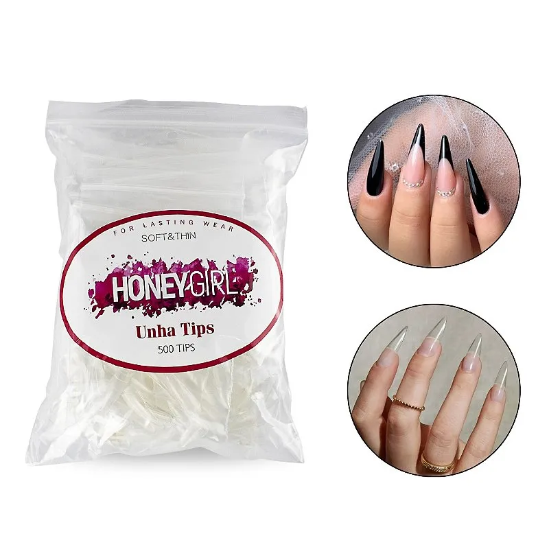 500 Tips Stiletto Transparente Unhas de Gel, Honey Girl