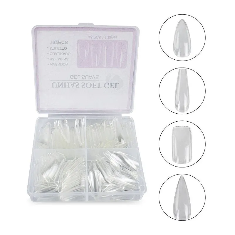 Kit 192 Unhas Postiças Almond Bailarina Quadrada Stiletto Transparente Fácil Aplicação Longa Duração