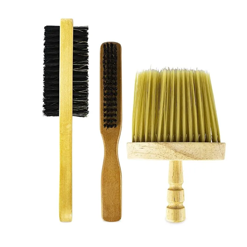 Kit 3 Escovas Barbeiro Madeira Disfarce Dupla Face Espanador