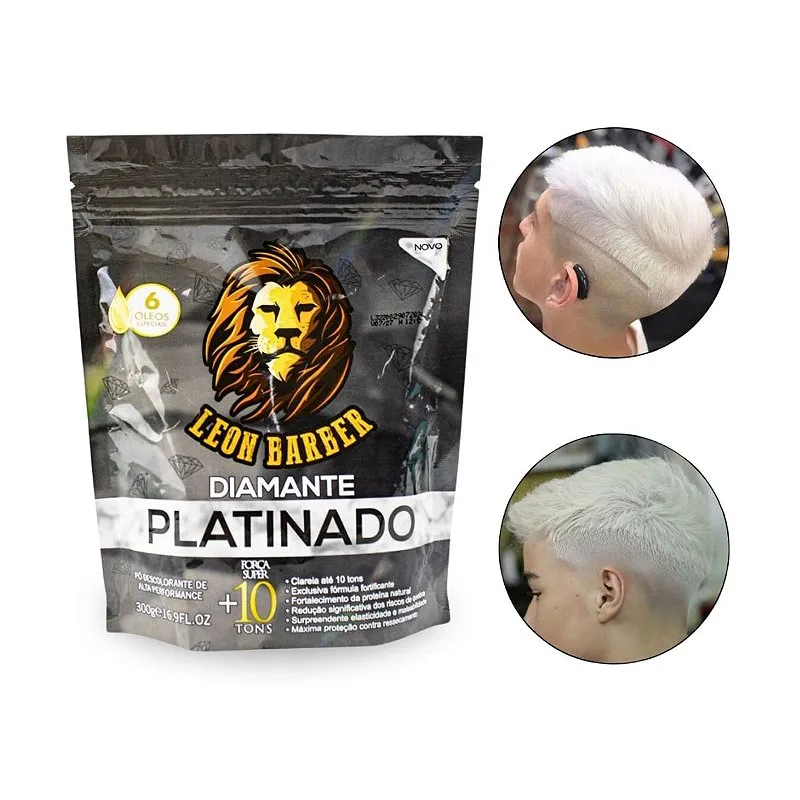 Descolorante Pó Diamante Platinado Tonalidade Profissional 10 Tons Clareamento Cabelo 300g, Leon Barber