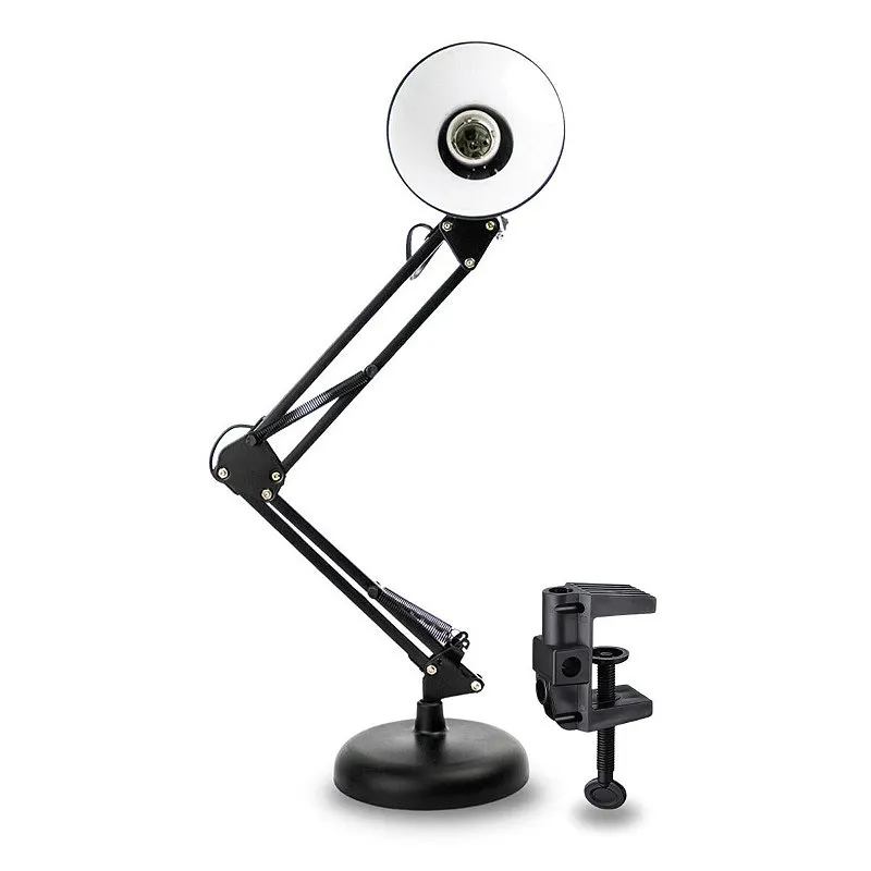 Luminária E27 Abajur Articulável Com Base e Garra Mesa Preto