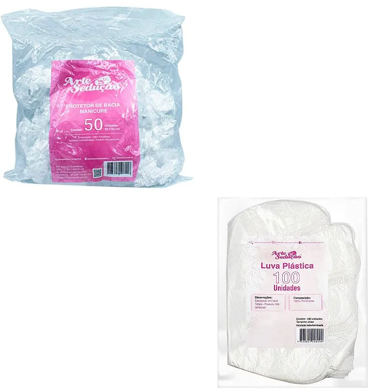 Kit 100 Luva Plastica Descartavel + 50 Protetor Bacia Mãos