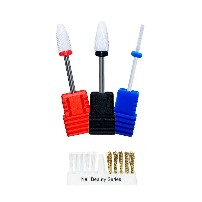 Kit 3 Brocas Cerâmica Unhas de Gel + Escovinha Aço Limpeza