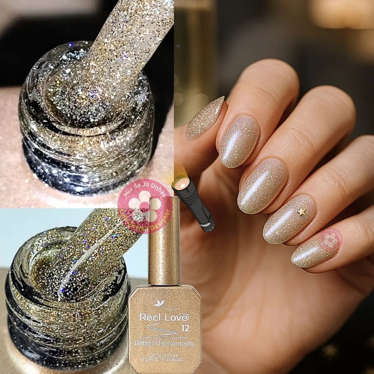 Ultra Refletivo Esmalte em gel Dourado holográfico 10ml Real Love 12