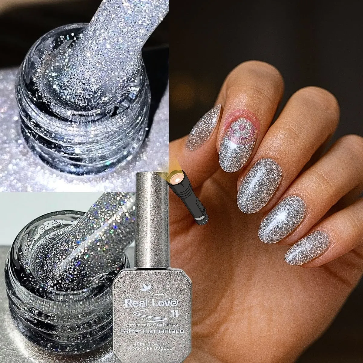Ultra Refletivo Esmalte em gel Prateado Holográfico 10ml Real Love 11