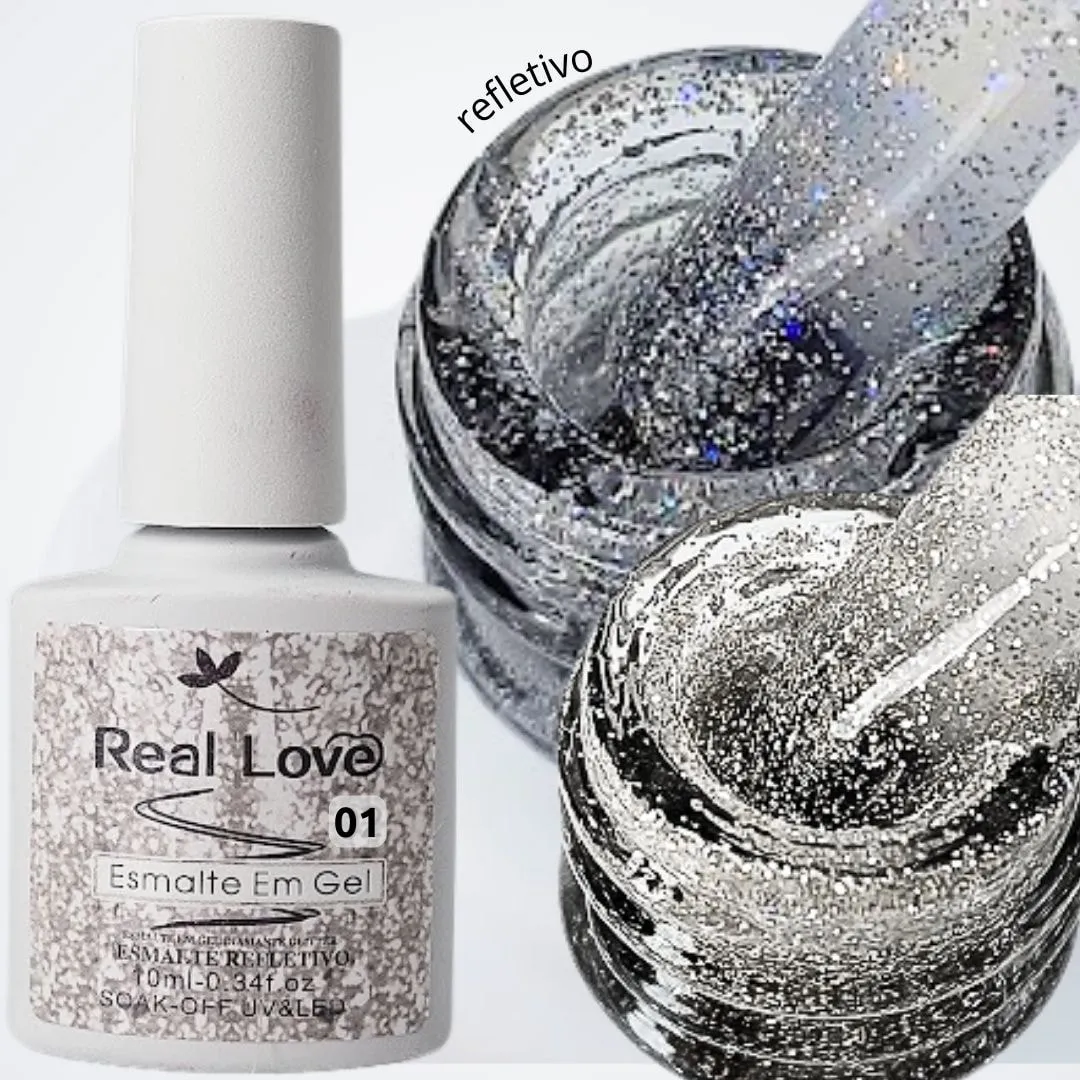Ultra Refletivo Esmalte em gel Prateado Holográfico Leve 10ml Real Love 01