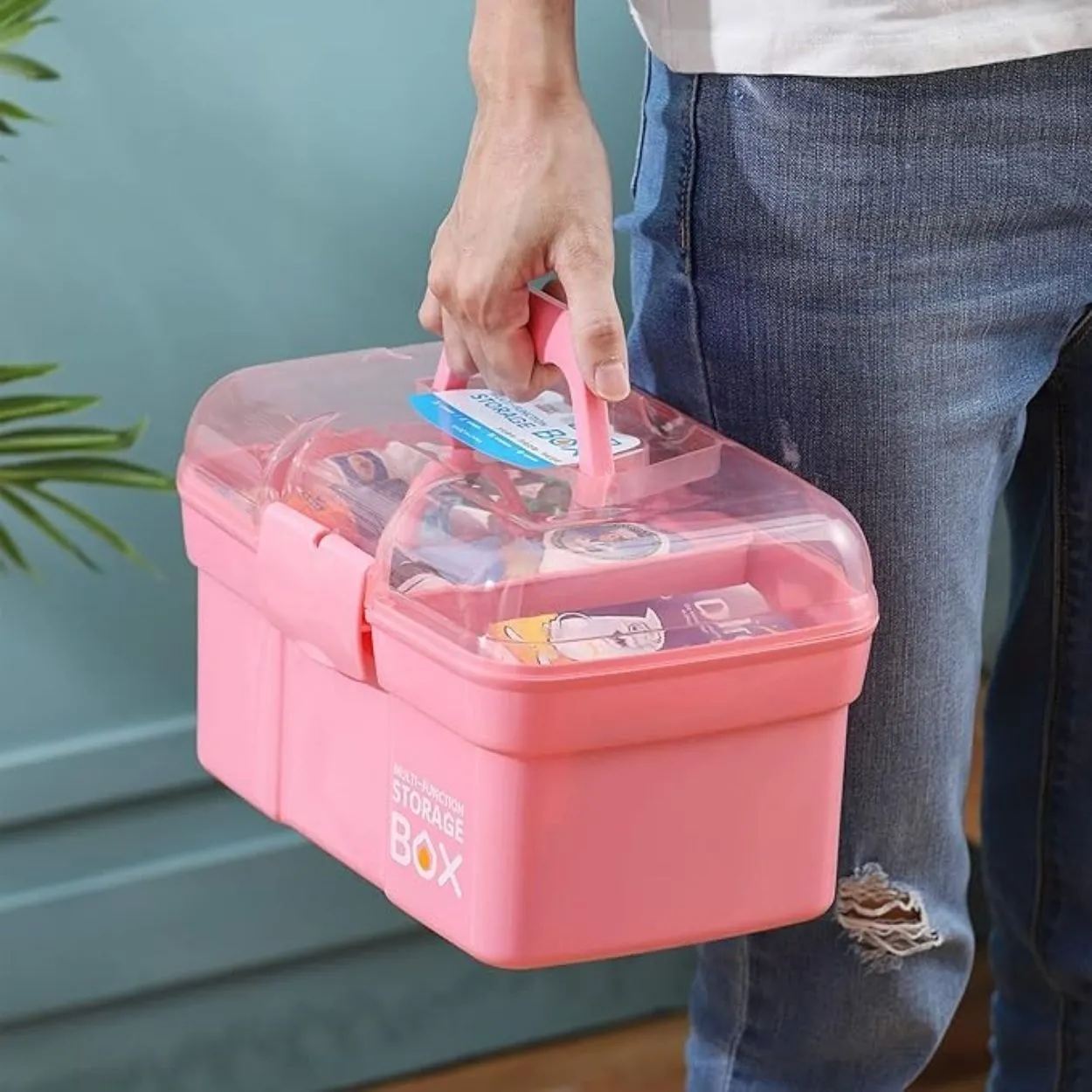 Maleta organizadora grande rosa com bandeja