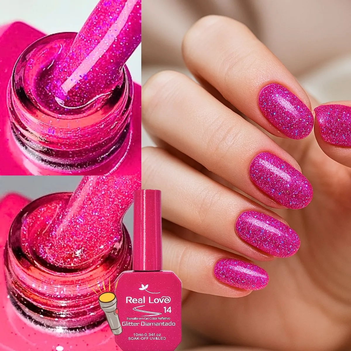 Ultra Refletivo Esmalte em gel Pink holográfico 10ml Real Love 14