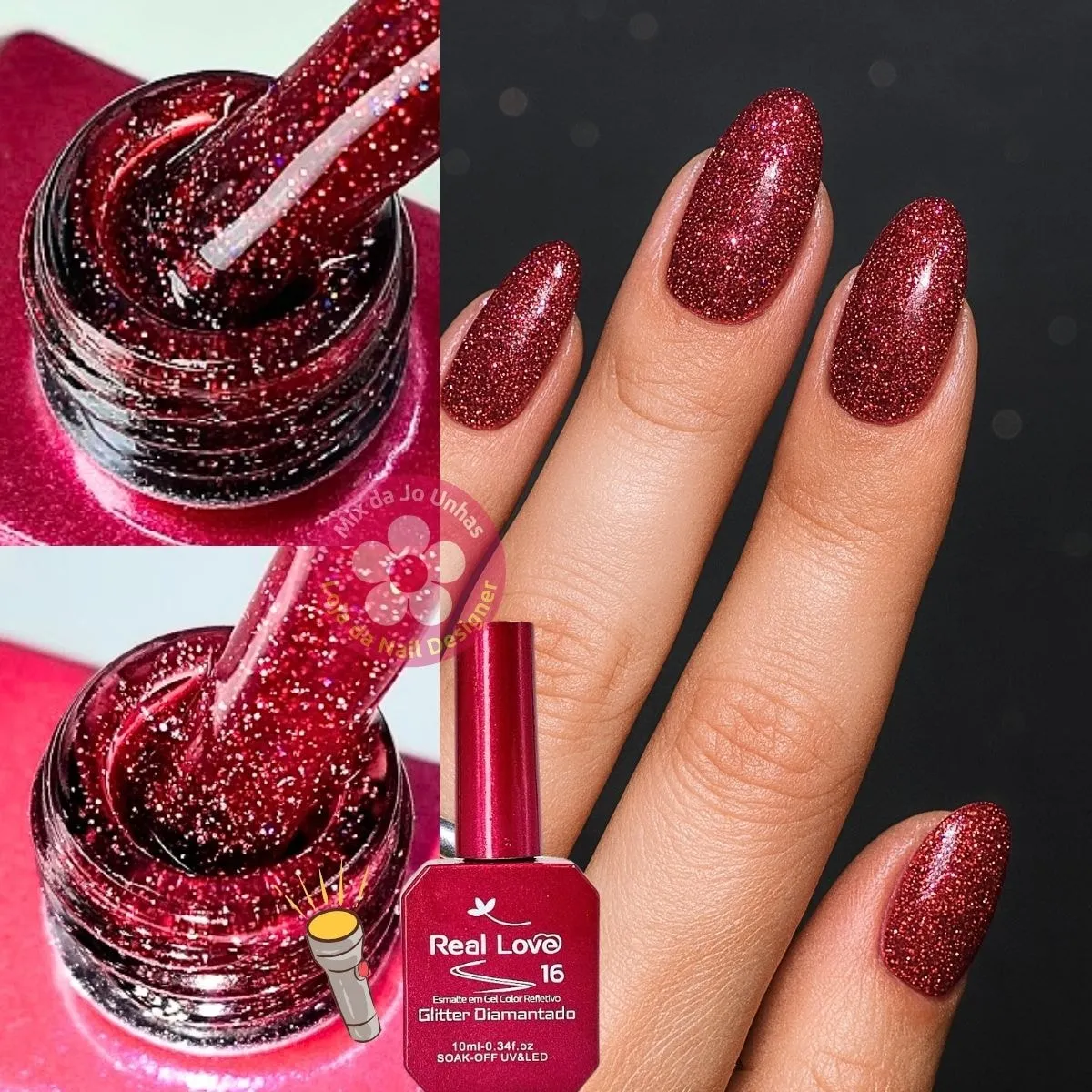 Ultra Refletivo Esmalte em gel Vermelho holográfico 10ml Real Love 16