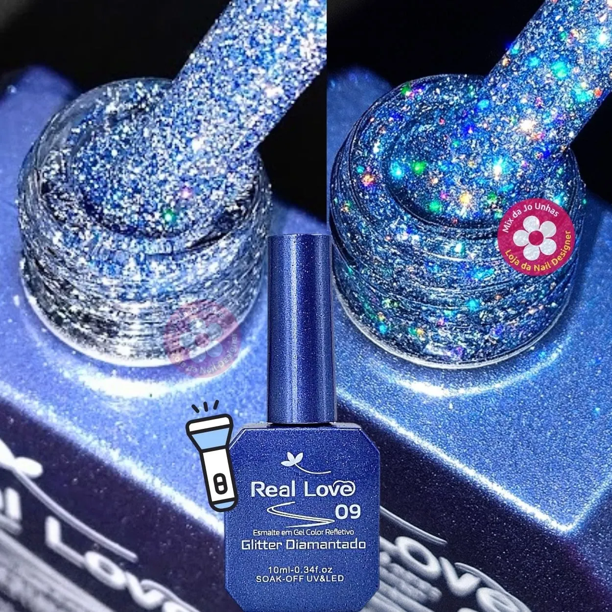 Ultra Refletivo Esmalte em gel Azul Holográfico 10ml Real Love 09