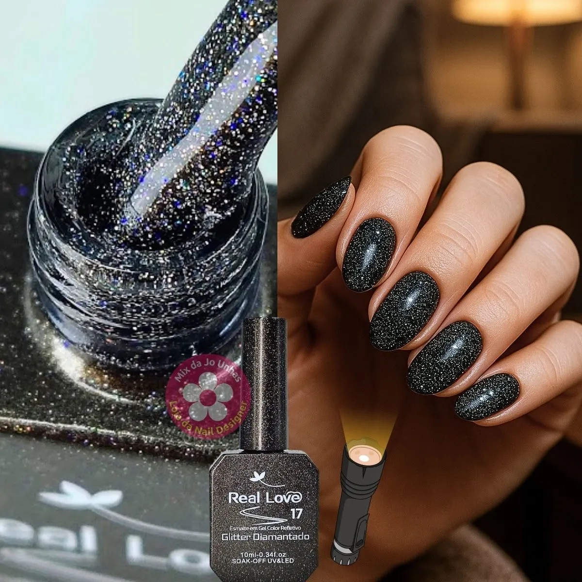 Ultra Refletivo Esmalte em gel Preto Holográfico 10ml Real Love 17