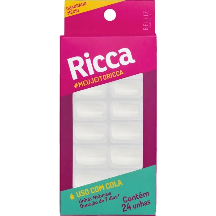 Unhas Postiças Ricca Quadrada, Média, Natural, 24 Unidades
