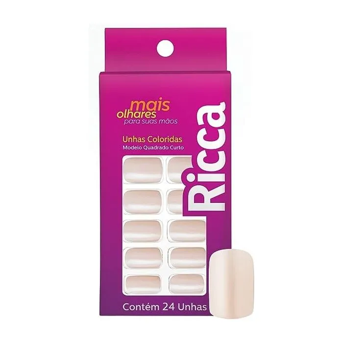 Unha Postiça Ricca Autoadesiva Quadrado, Curto, Branco Sonho, 24 Unidades