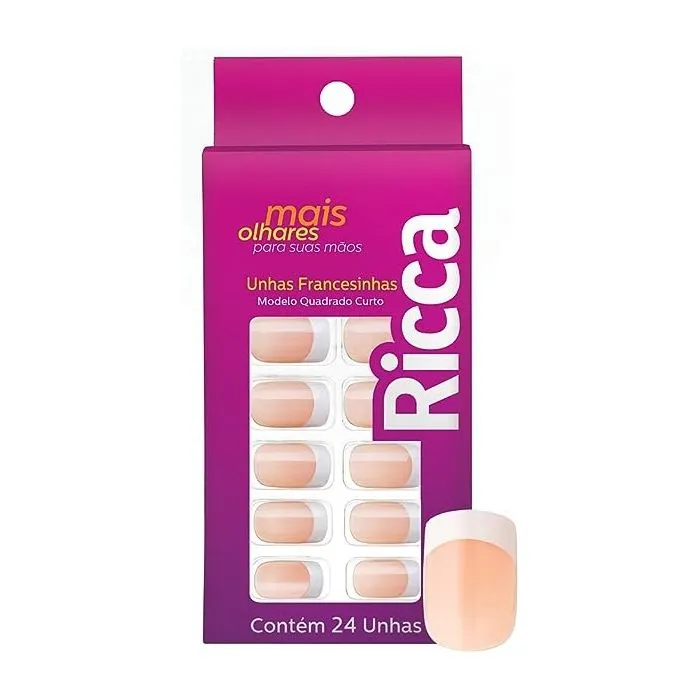 Unhas Postiças Ricca Quadrada, Curta, Francesinha Rosa, 24 Unidades