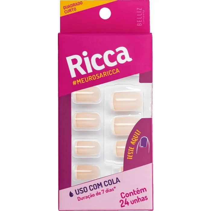 Unha Postiça Ricca Autoadesiva Quadrado, Curto, Francesinha Nude, 24 Unidades