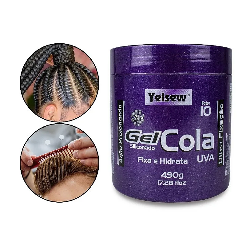 Gel Cola Siliconado Transparente Uva Ultra Fixação Cabelo Penteado Definição Prolongada Hidratação Antifrizz Brilho 490g Yelsew