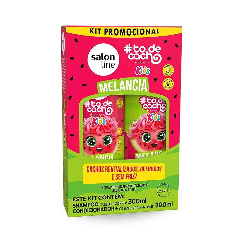 Kit Shampoo 300ml e Condicionador 200ml Kids Antifrizz Hidratação Definição Revitalização Cachos Melancia Salon Line