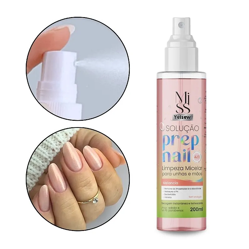Prep Nail Spray Higienizante Refrescante Preparação Unhas Alongamento Gel Fibra Bactericida Aroma de Melancia 200ml