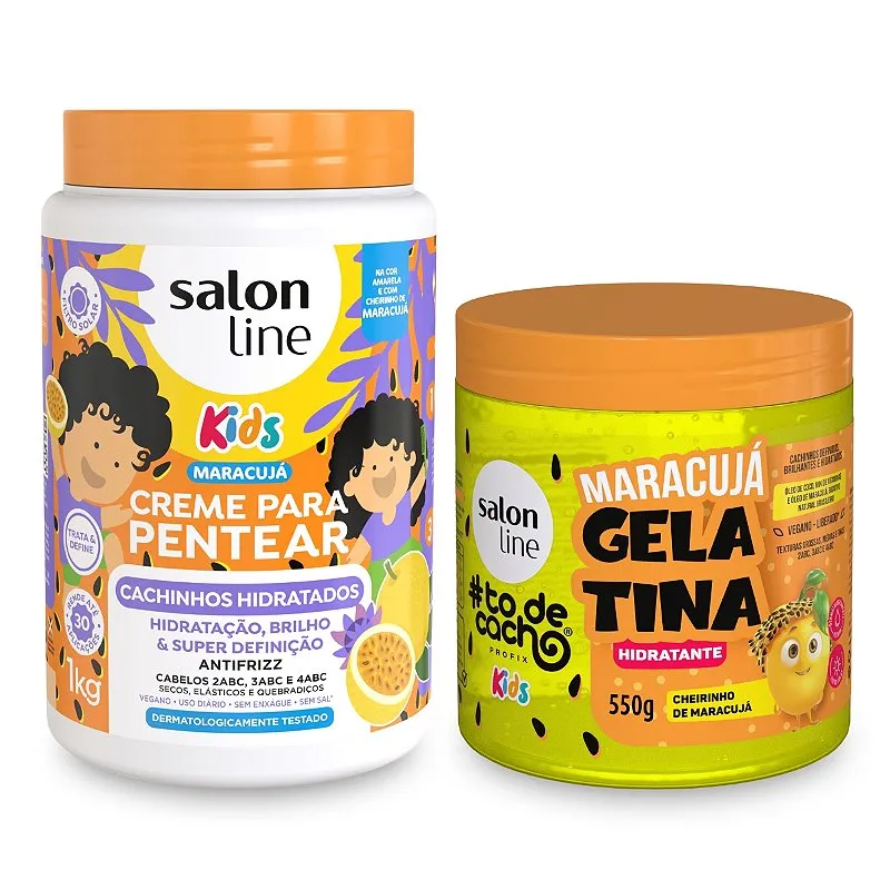 Creme de Pentear 1Kg + Gelatina 550g Kids Cachos Com Filtro Solar Hidratação Definição Antifrizz Maracujá Salon Line