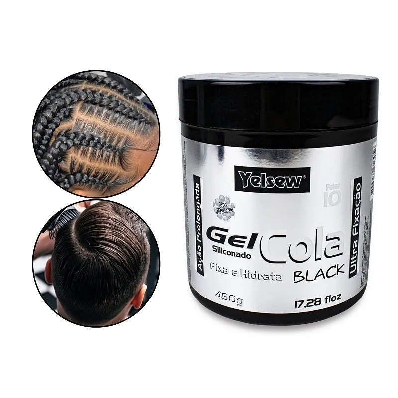 Gel Cola Black Preto Siliconado Ultra Fixação Cabelo Penteados Hidratação Antifrizz Definição Prolongada Brilho 490g Yelsew