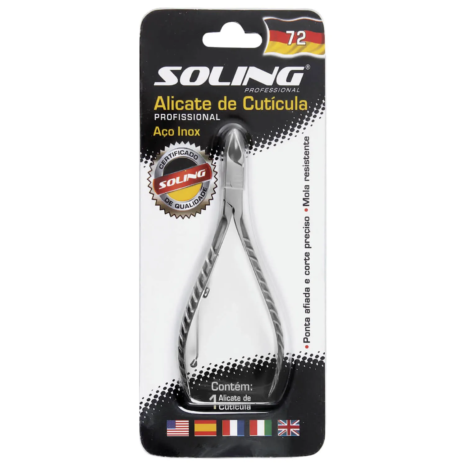 Alicate de Cutícula Soling Aço Inox Mola Resistente Ponta Afiada Ref 72