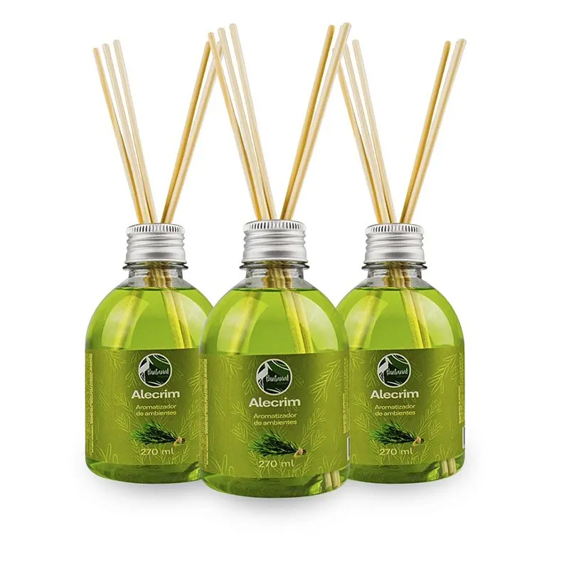 Kit 3 Aromatizador de Ambientes Alecrim Refrescante Varetas Fragrância Suave Frescor Bem-Estar 270ml, Pantanal Aromas