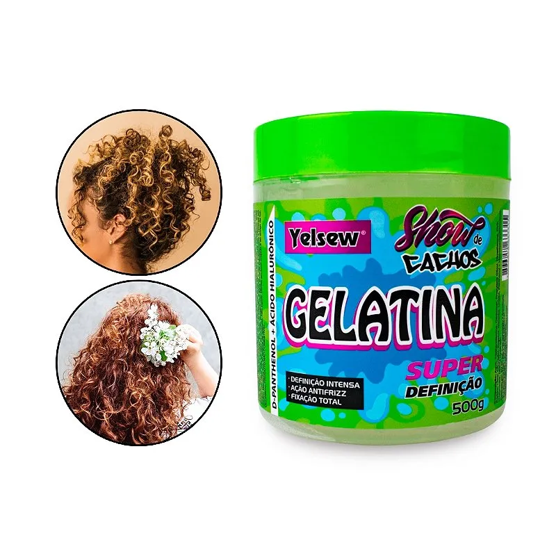 Gelatina Show de Cachos Ondulados Crespos Super Definição Fixação Hidratação Antifrizz D-Pantenol Ácido Hialurônico 500g, Yelsew