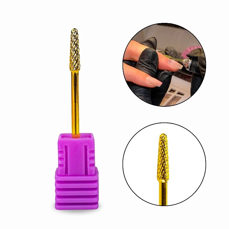 Broca Tungstênio Dourada F-Gold Umbrella Cone Unhas de Gel Fibra Alongamento Acabamento Suave Profissional Manicure