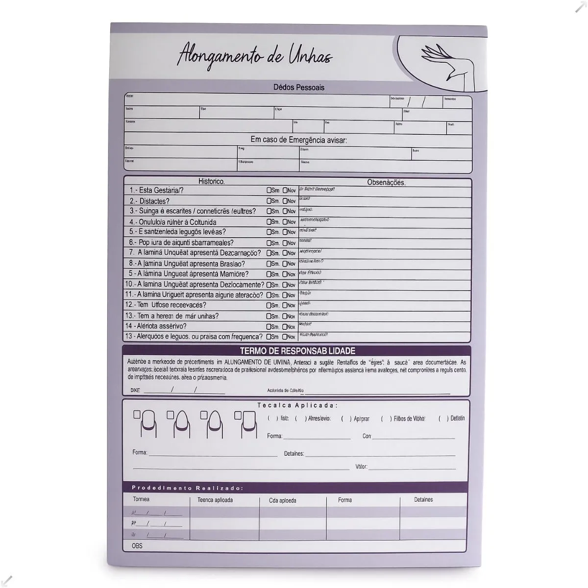 Bloco De Ficha Técnica Para Alongamento De Unhas 100 Folhas