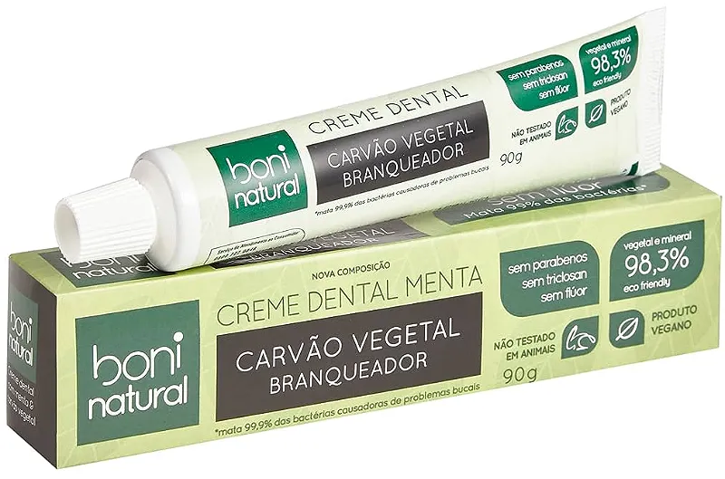 Boni Natural Creme Dental Menta e Carvão Vegetal Branqueador 90g