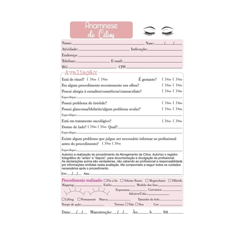Ficha Anamnese para Extensão de Cílios 14x21cm 50 Folhas