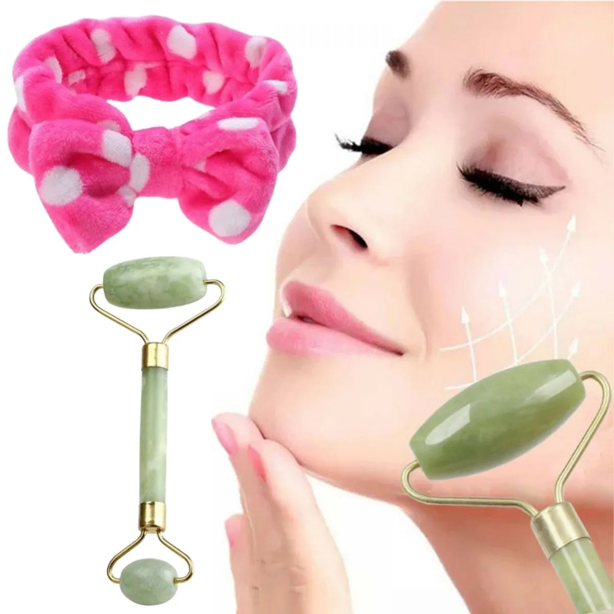 Kit Para Skin Care Rolo Massagem Pedra Jade E Faixa Atoalhada