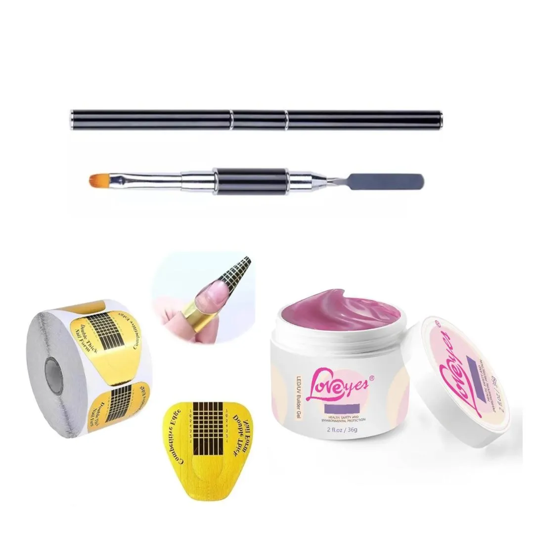 Kit Pincel Dupla Ponta Espátula + 500 Moldes Adesivos + Gel UV Loveyes