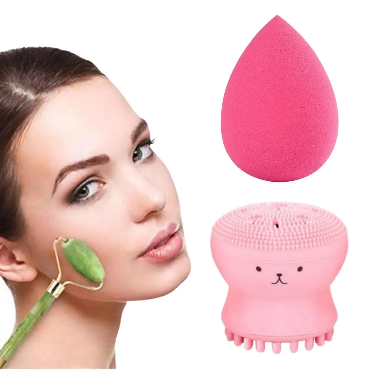 Kit Rolo Massageador Pedra Jade Esponja Maquiagem e Limpeza Facial