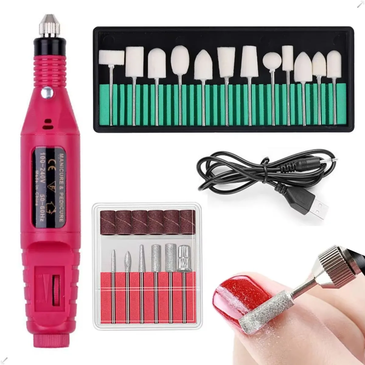 Lixadeira Elétrica Caneta Bivolt + Broca De Polir Branca + Lixa Alongamento Unhas