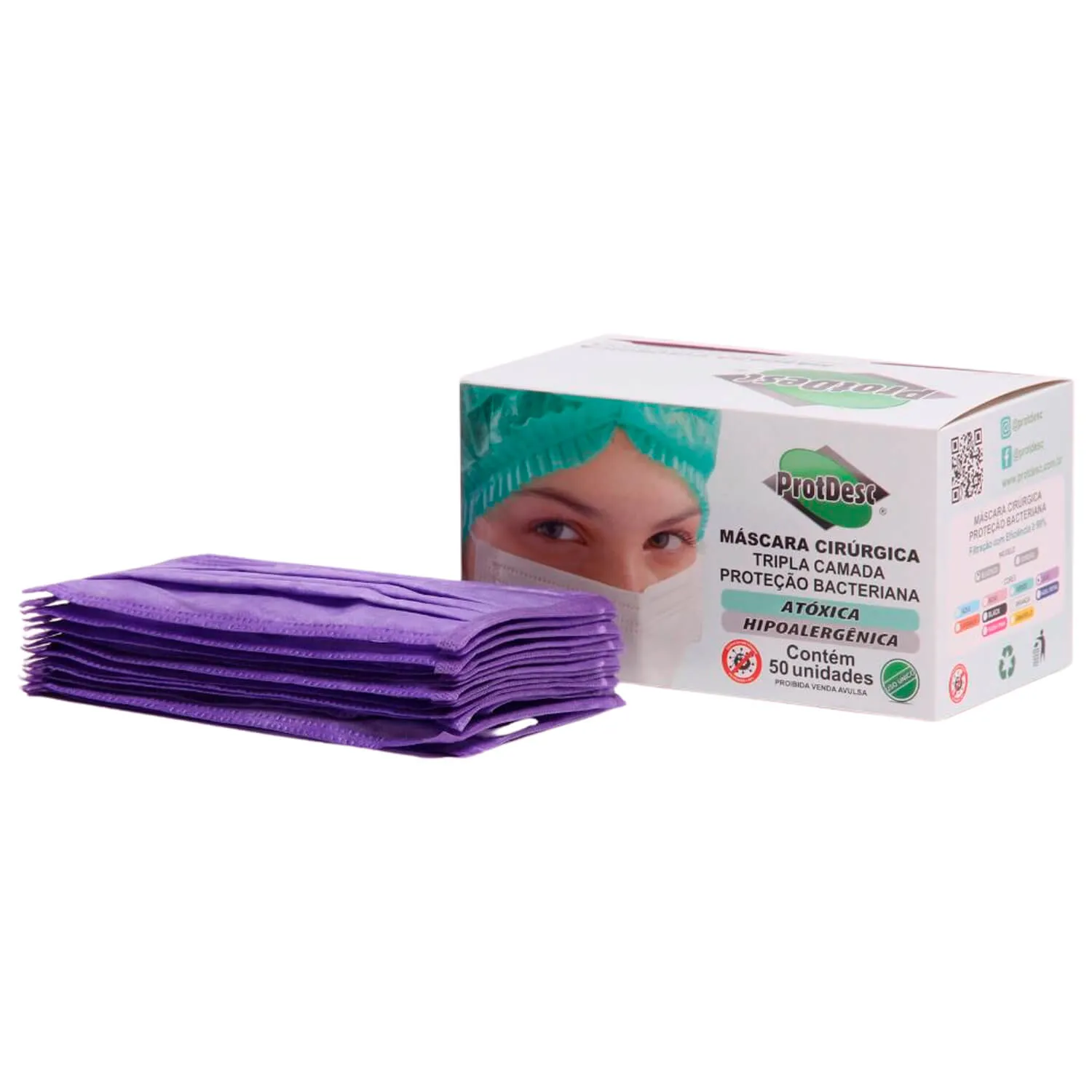 Máscara Protdesc Tripla Lilás com Elástico 50un